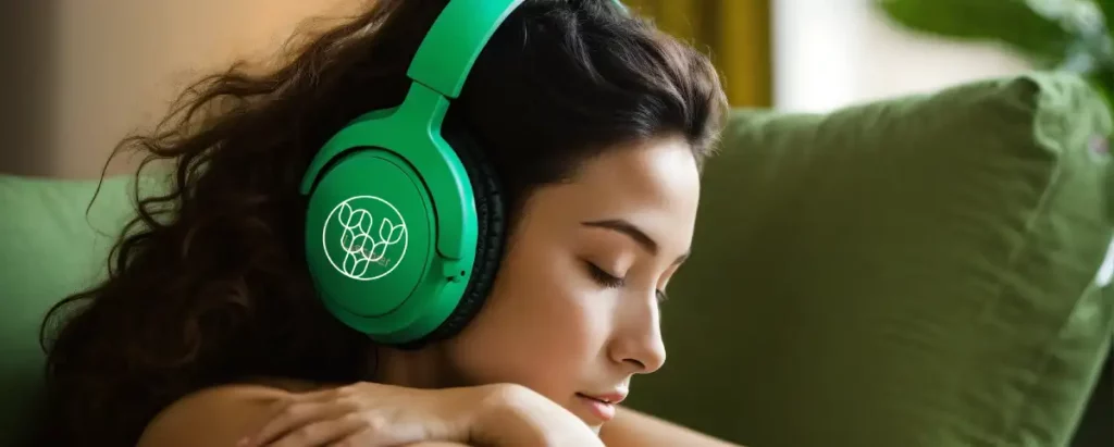 O que é a meditação e como posso meditar? Moça sentada no sofá, com headphones verdes e o logo do Aplicativo de Meditação Católica Seedtime.