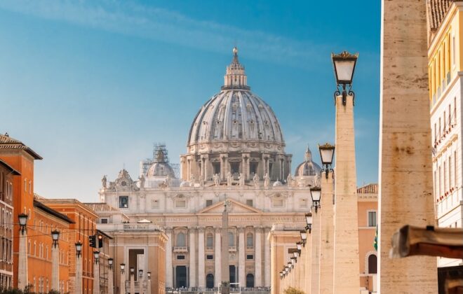 Vatican, Italy. St. Peter's Square With Papal Basilica Of St. Peter Near Rome.