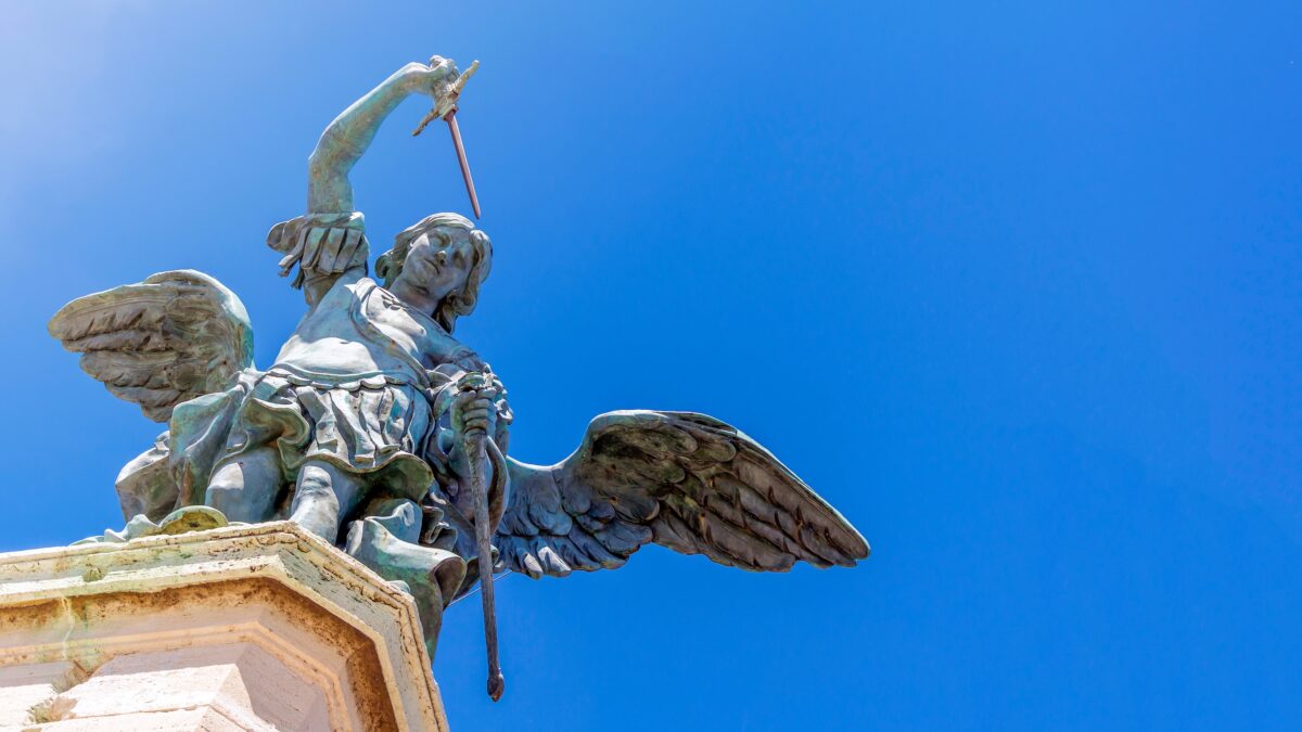 close up of the bronze angel at the top of Castel Sant Angelo in Rome, Italy