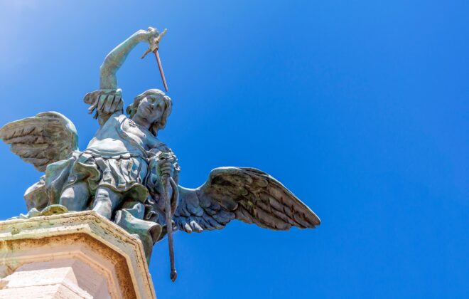 close up of the bronze angel at the top of Castel Sant Angelo in Rome, Italy
