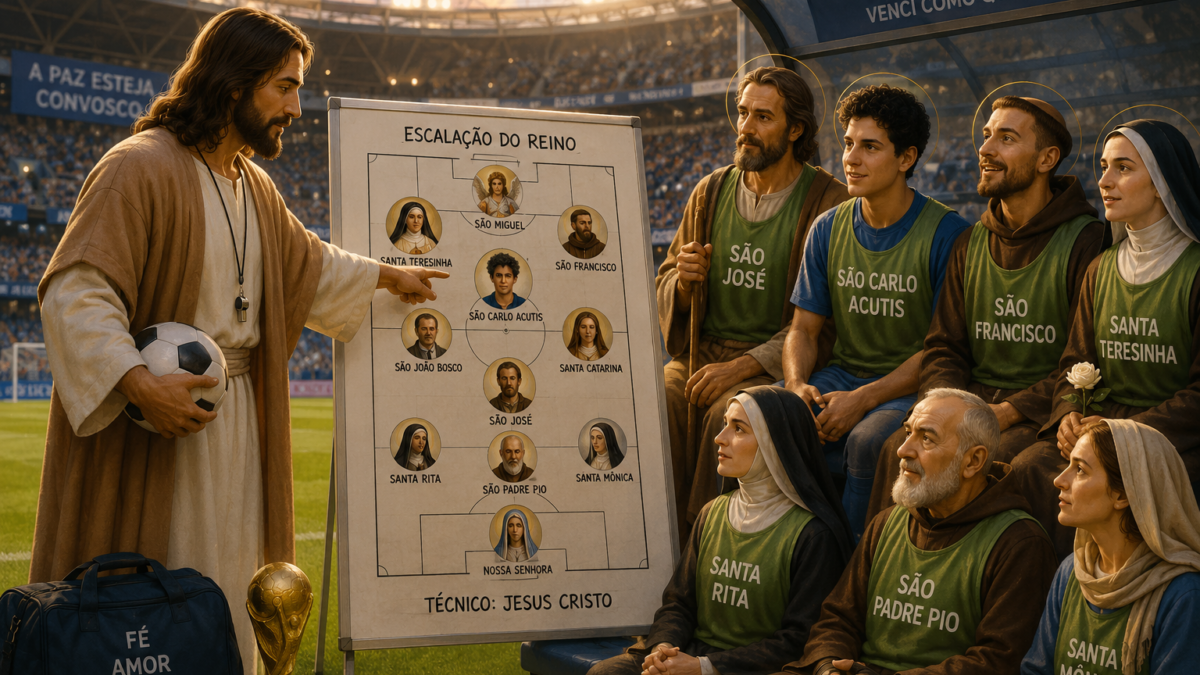 Imagem de IA com jesus como técnico de futebol e seu time de santos