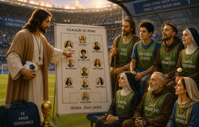 Imagem de IA com jesus como técnico de futebol e seu time de santos